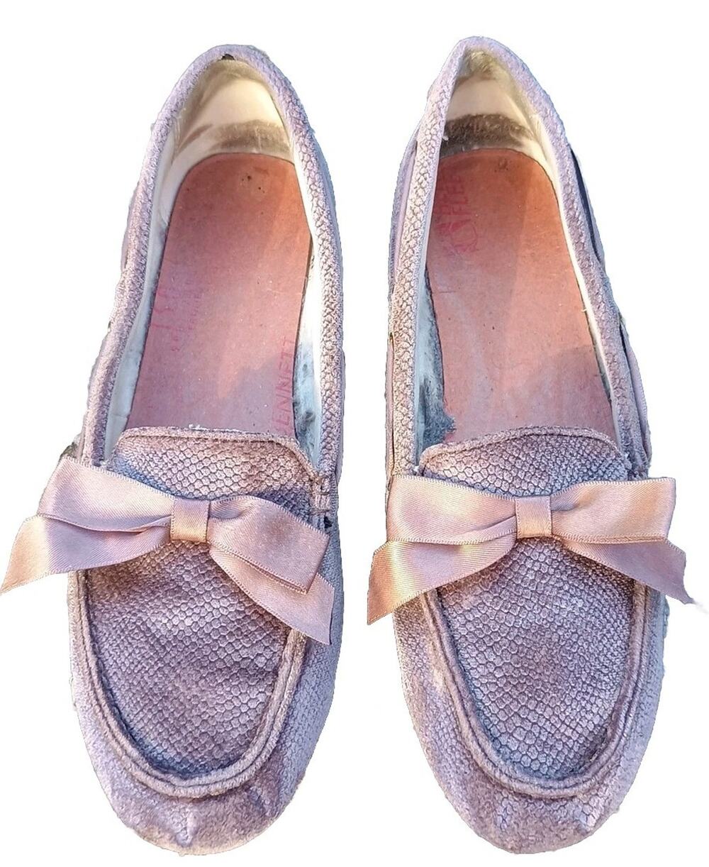 Vionic Alice Holiday purple Velvet Snake Satin Bow Slippers loafers fleece 6 EUC